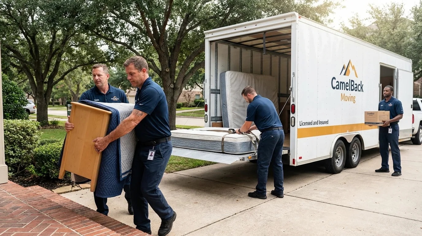 Crew loading residential truck for cross-state move from Marysville, CA
