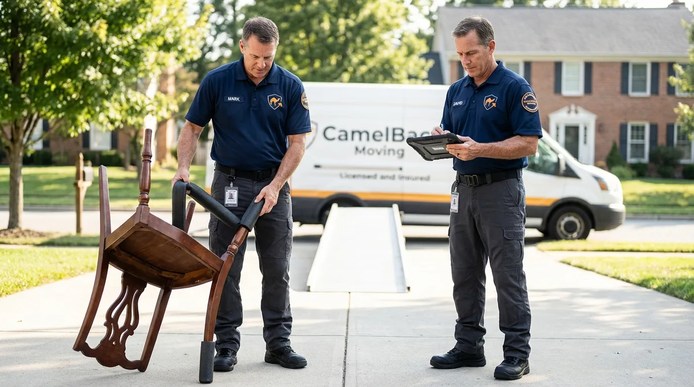 Movers inspecting furniture for damage prevention before loading in Marysville, CA