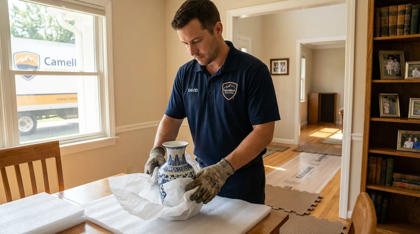 Professional crew carefully wrapping antique vase for senior downsizing move in Marysville, CA